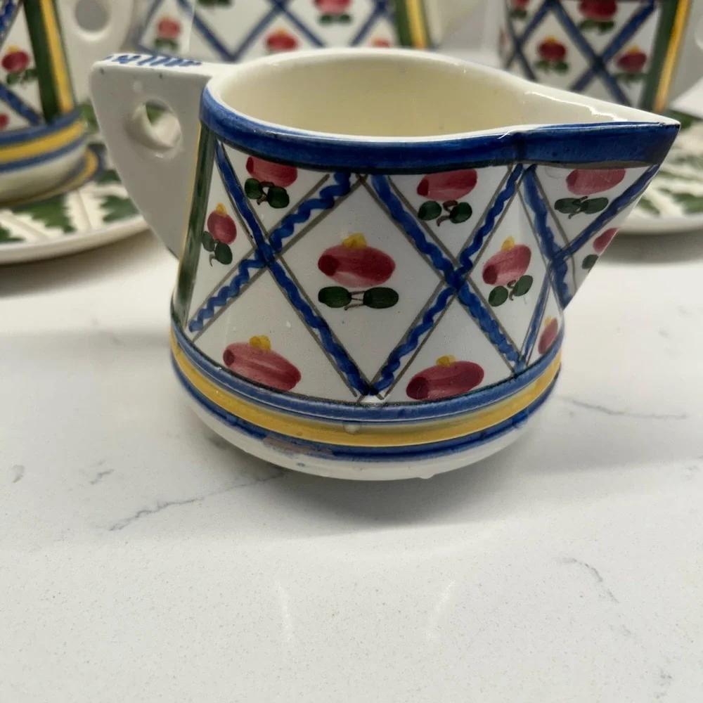 Ceramic Vintage Tea Pot Set w/ Creamer, 2 Cups & Saucers in Green, Red & Yellow